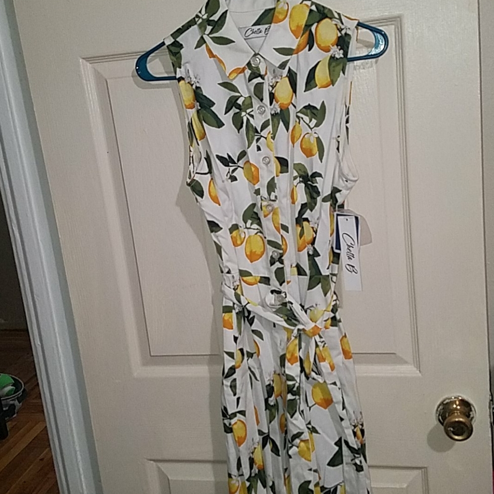 NWT button down lemon print sun dress with belt